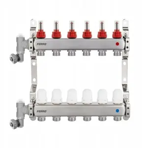 FERRO F-COMFORT 6-Way Stainless Steel Manifold 1" with Thermostatic Valves, Flow Meters, Manual Air Vent, and Drain Valve