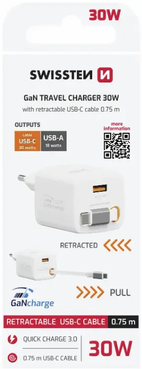 SWISSTEN SlideCHARGE GaN 30W Charger with USB-C Cable Photo 6