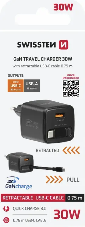 SWISSTEN SlideCHARGE GaN 30W Charger with USB-C Cable Photo 6