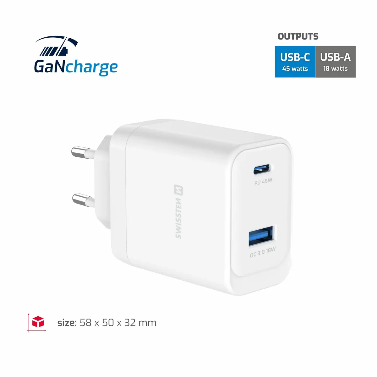 Сетевое зарядное устройство SWISSTEN Core GaN 45W USB-C / 18W USB-A Photo 7