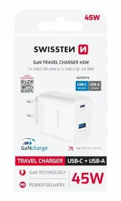 Сетевое зарядное устройство SWISSTEN Core GaN 45W USB-C / 18W USB-A Photo 8
