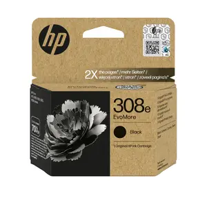 HP 308e EvoMore Black Original Ink Cartridge, Pigment-based, Standard Yield