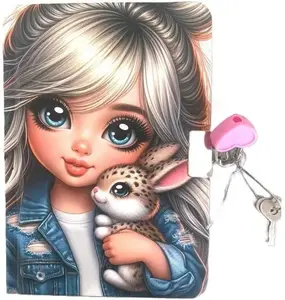 Fresh A6 Diary with Padlock, 64 Sheets, Plain Paper, Girl with Rabbit Design