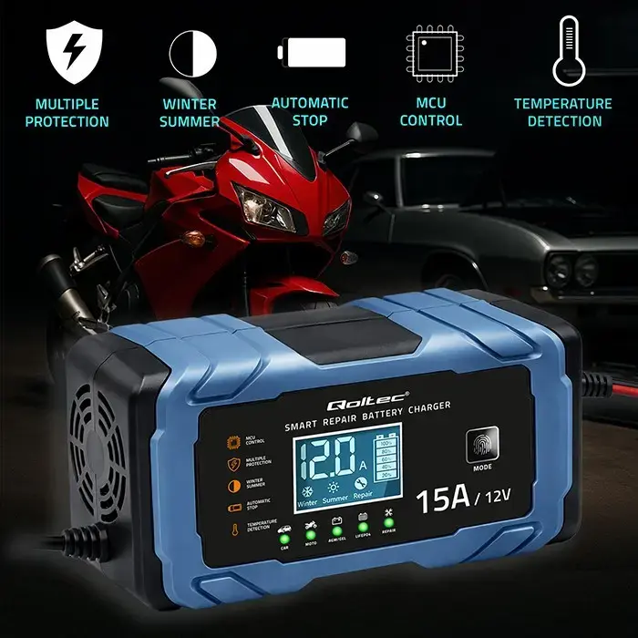 Qoltec 12V 15A Battery Charger for AGM, GEL, LiFePO4 Photo 2