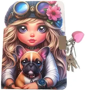 Fresh A6 Diary with Padlock, 64 Sheets, Plain Paper, Girl with Dog Design