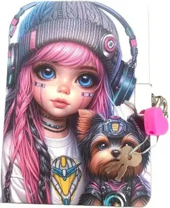 Fresh A6 Diary with Padlock, 64 Sheets, Plain Paper, Girl with Yorkshire Terrier Design
