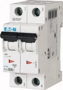 Eaton PL6-D20/2 Miniature Circuit Breaker, 2-Pole, D-Curve, 20A, 6kA