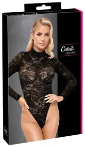Кружевное боди Cottelli Collection с длинным рукавом, черное, размер M