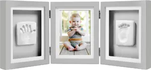 Pearhead 3-in-1 Foldable Keepsake Frame for Photo, Handprint, and Footprint, Grey