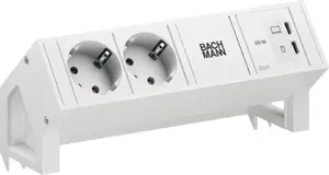 Bachmann DESK2 Power Strip, 2x CEE 7/3 Sockets, 1x USB-C 65W Charger, Pure White RAL9010