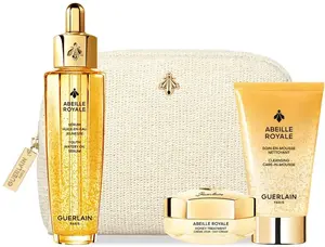 Guerlain Abeille Royale Age-Defying Programme komplekts ar sejas serumu, dienas krēmu, attīrošām putām un kosmētikas somiņu