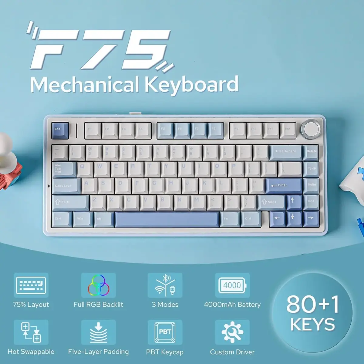 AULA F75 mehāniskā tastatūra - Balta Photo 2