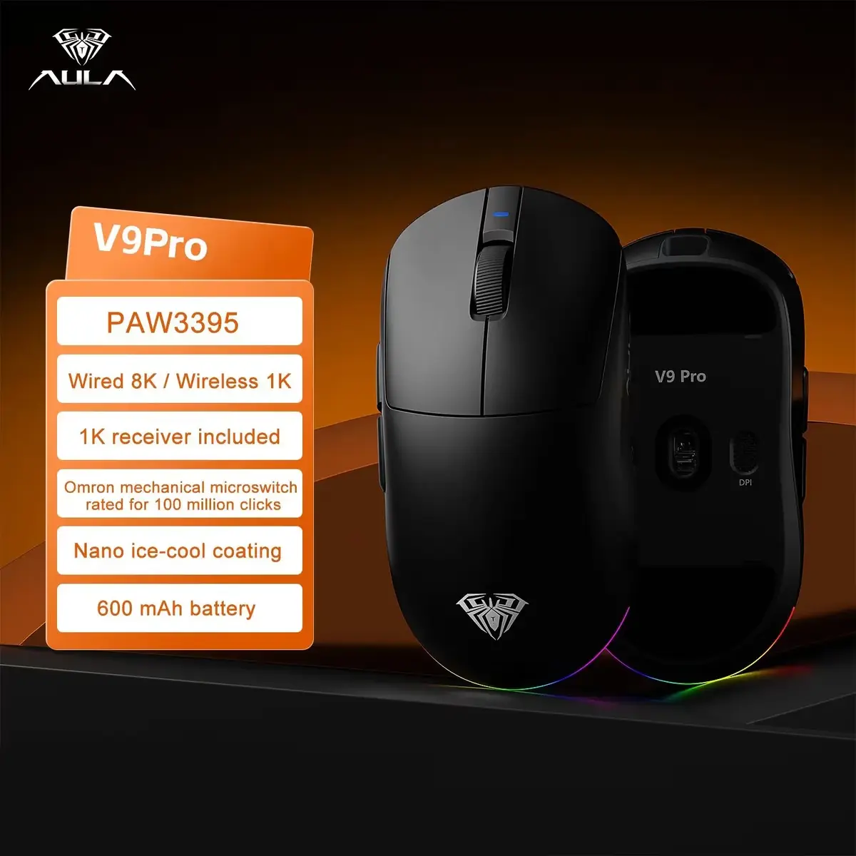 AULA V9PRO spēļu pele — 30000 DPI, trīs režīmi Photo 6