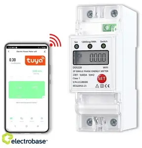 Electro Base 1F-2DIN-LCD WiFiNR Single-Phase Smart WiFi Electricity Meter 60A DIN Rail