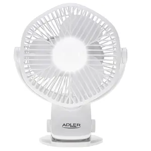 Настольный вентилятор Adler AD 7335 с клипсой, аккумуляторный, 6 Вт, 12.7 см, 3 скорости, осцилляция 360°, белый
