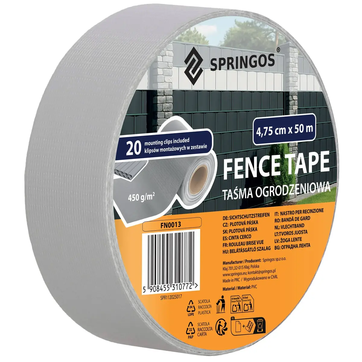Springos Fence Tape 4.75 cm x 50 m, 450 g/m² - Light Grey Photo 2