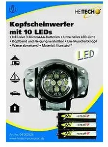 Heitech galvas lukturis ar 10 LED diodēm, melns un sudrabots