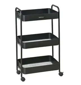 KINGHoff KH 1941 Three-Tier Mobile Shelving Unit, Steel Trolley with 360° Swivel Wheels, Black