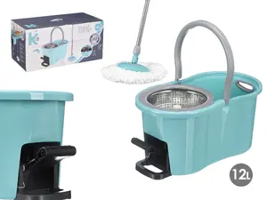 Kipit 12-Liter Cleaning Bucket with Rotating Metal Mop and Foot Pedal