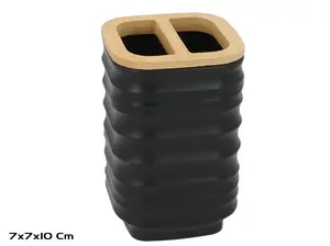 BATH&GO Toothbrush Holder, Black with Bamboo