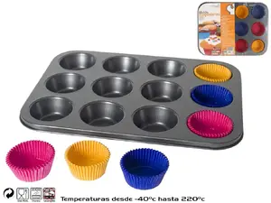 KITCHEN&GO nepiedegoša tērauda kēksu panna 12 kēksiem ar 60 papīra formiņām