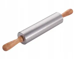 Kamille 7819 Rotating Stainless Steel Rolling Pin with Wooden Handles