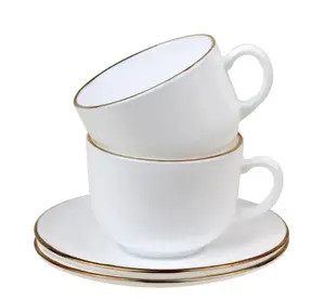 KINGHoff KH 1929 Cup and Saucer Set, 210ml, 12 Pieces, Opal Glass, White with Gold