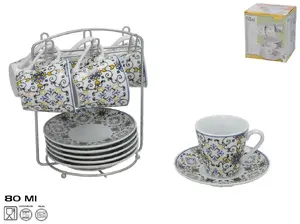 KITCHEN&GO Coffee Cup Set with Saucers and Stand, 6 Pieces