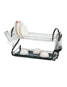 Rosberg 55553000AB Two-Level Dish Dryer with Utensil Holder and Glass Stand, Black