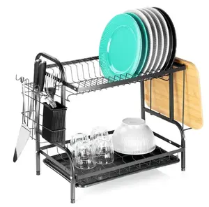 Vilde Two-Tier Dish Drying Rack with Drip Tray, Matte Black