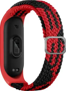 Hurtel Fabric Strap for Xiaomi Mi Band 6 / 5 / 4 / 3, Braided Replacement Band, Red-Black