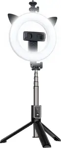 P40D-3 Selfie Stick Tripod with LED Ring Light and Detachable Bluetooth Remote Control Black