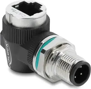 Delock M12 Adapter D-kodiert 4 Pin Stecker zu RJ45 Buchse zum Einbau rund 90° gewinkelt (90664)