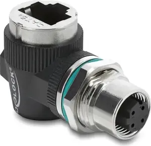Delock M12 Adapter D-kodiert 4 Pin Buchse zu RJ45 Buchse zum Einbau rund 90° gewinkelt (90665)