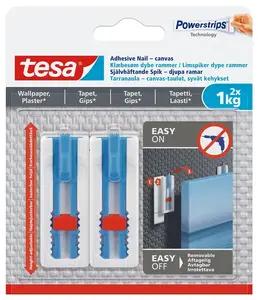 Tesa 77778 Adhesive Hooks for Canvas, 2 Pack, 1kg Capacity with Nails