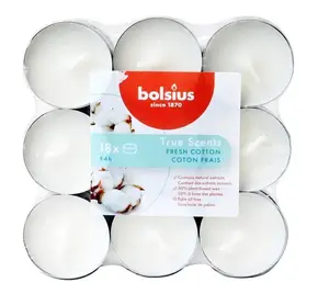 Bolsius Fresh Cotton tējas sveces, degšanas laiks 4 stundas, 18 gabali, baltas