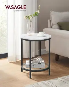 Vasagle 2-Tier Side Table with Tempered Glass Top and Wooden Shelf, White Marble Effect