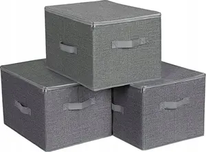 Songmics Foldable Storage Boxes with Lids and Handles, Grey Fabric Organizer for Clothes and Toys