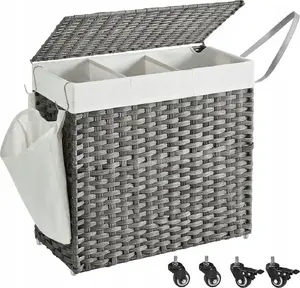 Корзина для белья Songmics LCB363G01, 140 л, 3 отделения, плетеная под ротанг со съемным мешком и ручками