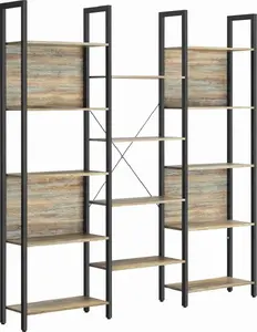 Vasagle 14-Tier Industrial Style Bookcase with Metal Frame, Oak and Blue Finish