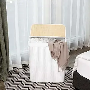 Songmics LCB64WT Laundry Basket with Bamboo Frame and Cotton Liner