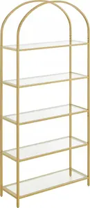 Vasagle 5-Tier Shelving Unit with Tempered Glass Shelves, Arched Steel Frame, Gold