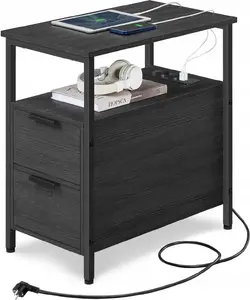 Vasagle Side Table with Power Strip and 2 Drawers, Anthracite Grey