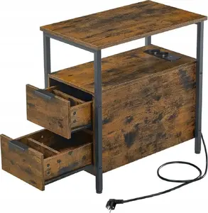 Vasagle Side Table with Power Strip and 2 Drawers, Vintage Brown