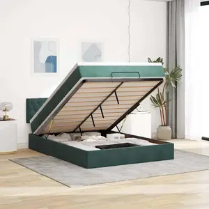 Кровать с подъемным механизмом VidaXL, велюр, с матрасом, 140x200 см, зеленая