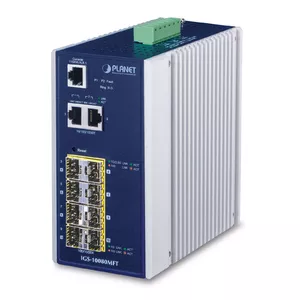 Managed network switch PLANET IGS-10080MFT — 2 x Gigabit RJ-45, 8 x SFP, 12–48V DC, Managed, IP30
