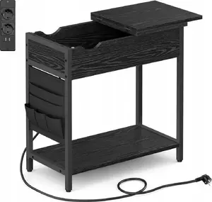 Vasagle Narrow Side Table with Power Strip and USB Ports, Black Wood Effect