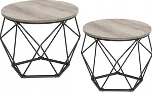 Vasagle Round Coffee Table Set of 2, Vintage Style Side Tables with Removable Trays, Grey and Black