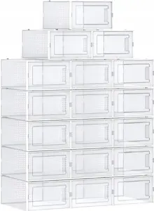Songmics Shoe Storage Boxes, Set of 8 Foldable Organizers for Sneakers, Transparent and White
