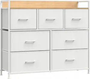 Songmics Storage Chest with 7 Fabric Drawers, Metal Frame, White and Wood Grain Finish